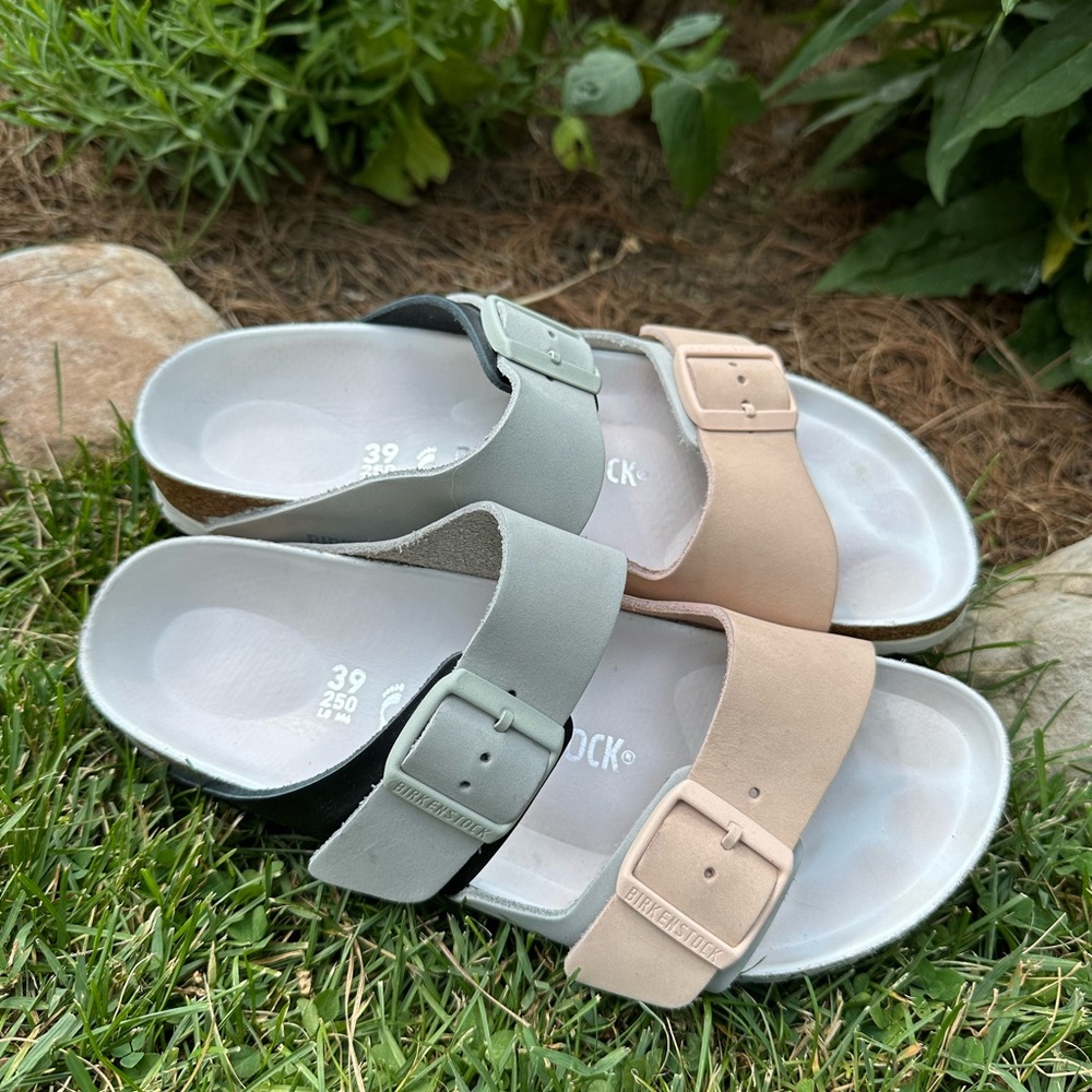 Birkenstock Two-Tone Slide Sandals in Sage Green and Blush - narrow